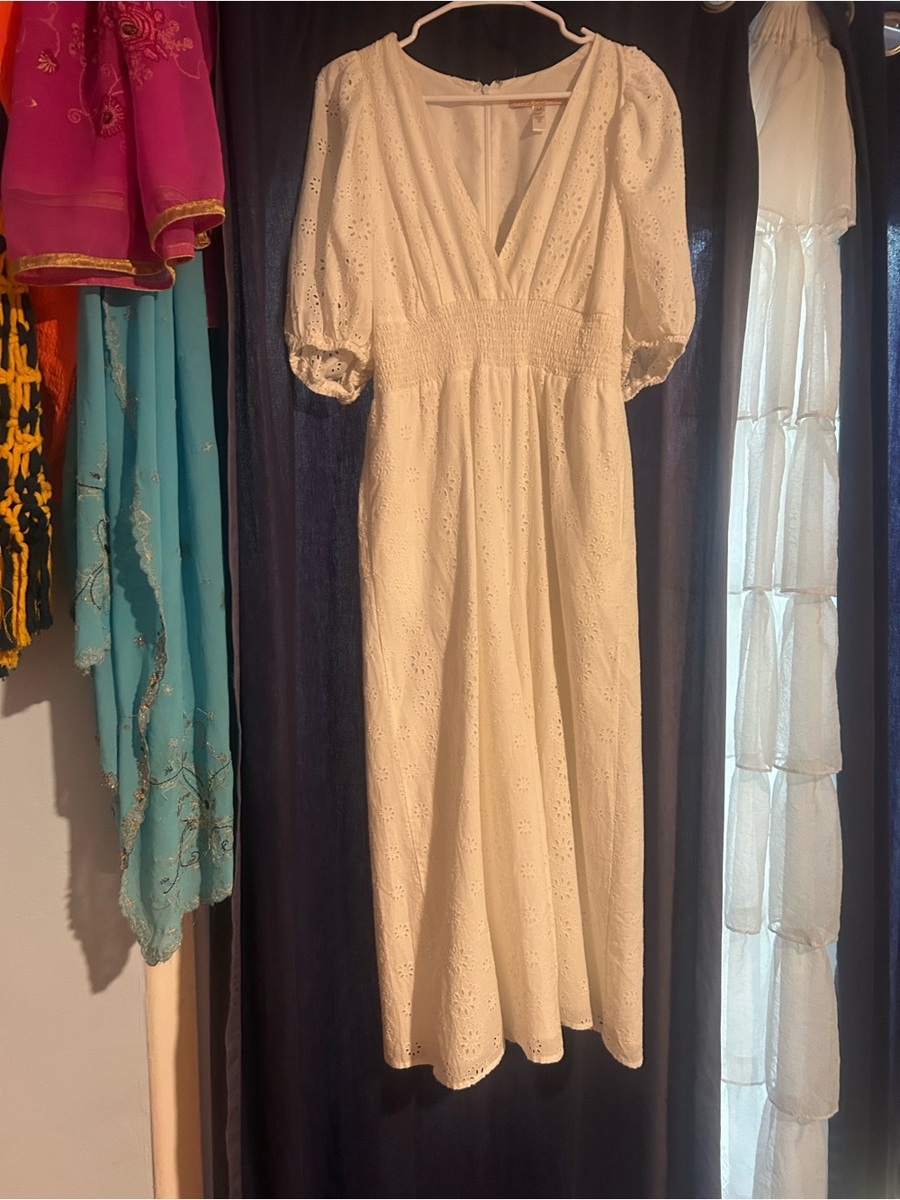 Women's White Eyelet Puff Sleeve Midi Jumpsuit
